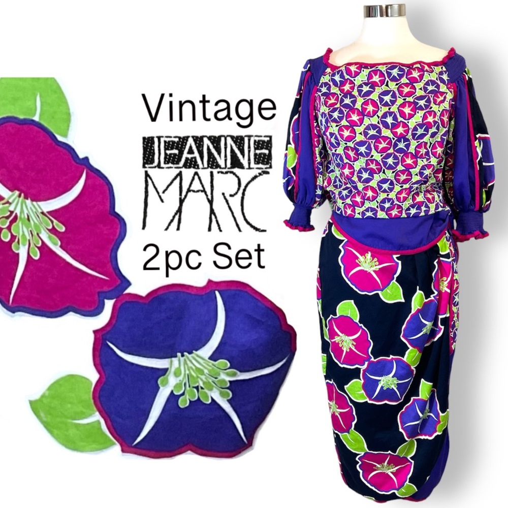 Vintage Jeanne Marc 2PC Floral Off The Shoulder Faux Wrap Skirt Set
